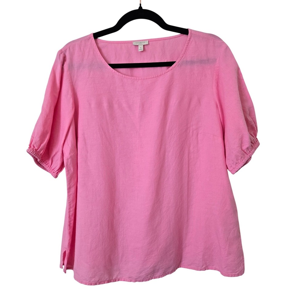 Talbots Womens M Blouse Pink Linen Blend Puff Sleeve Scoop Neck Side Slit Top